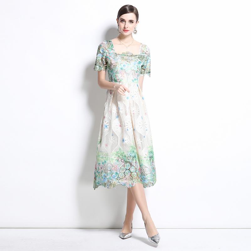 Lace hollow long short sleeve spring and summer slim dress