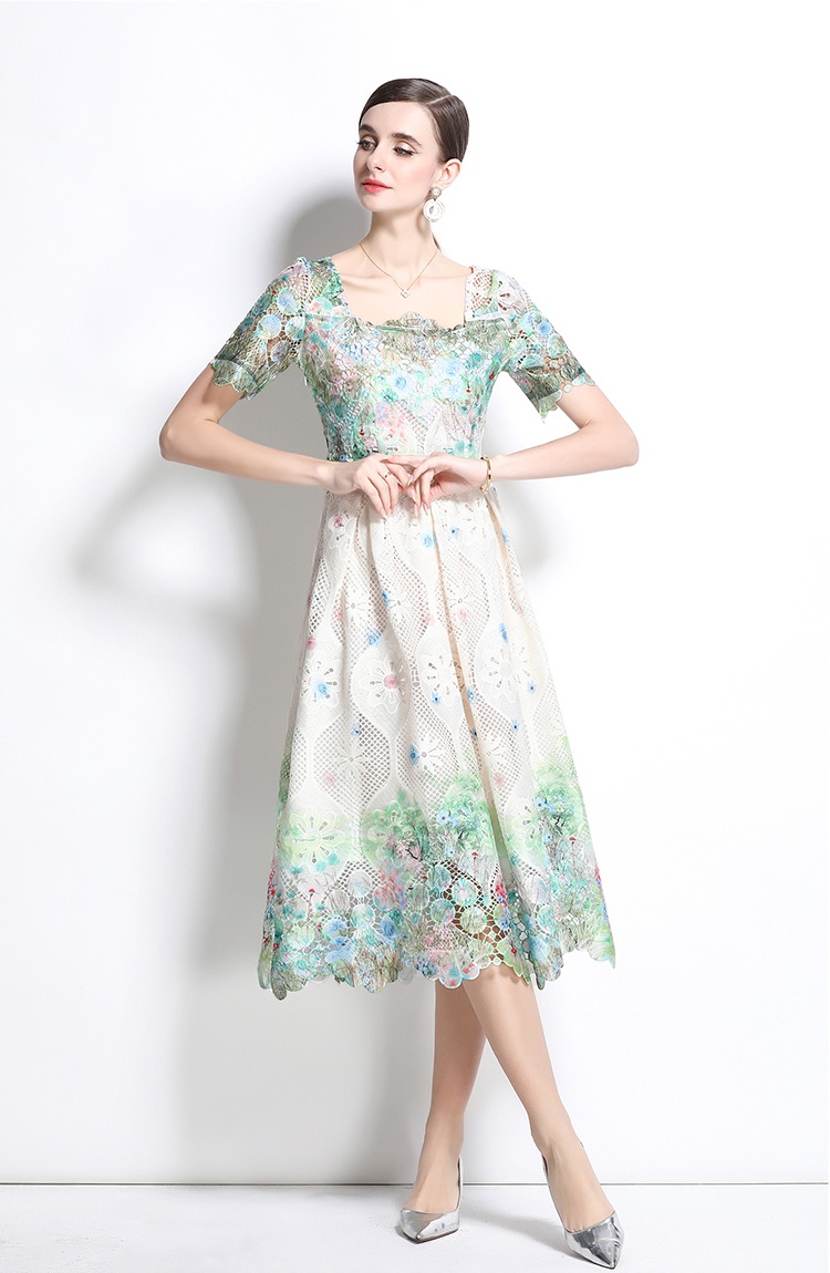 Lace hollow long short sleeve spring and summer slim dress