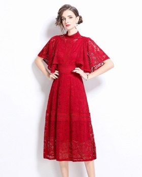 A-line puff sleeve long dress lace slim dress