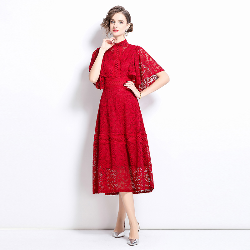 A-line puff sleeve long dress lace slim dress