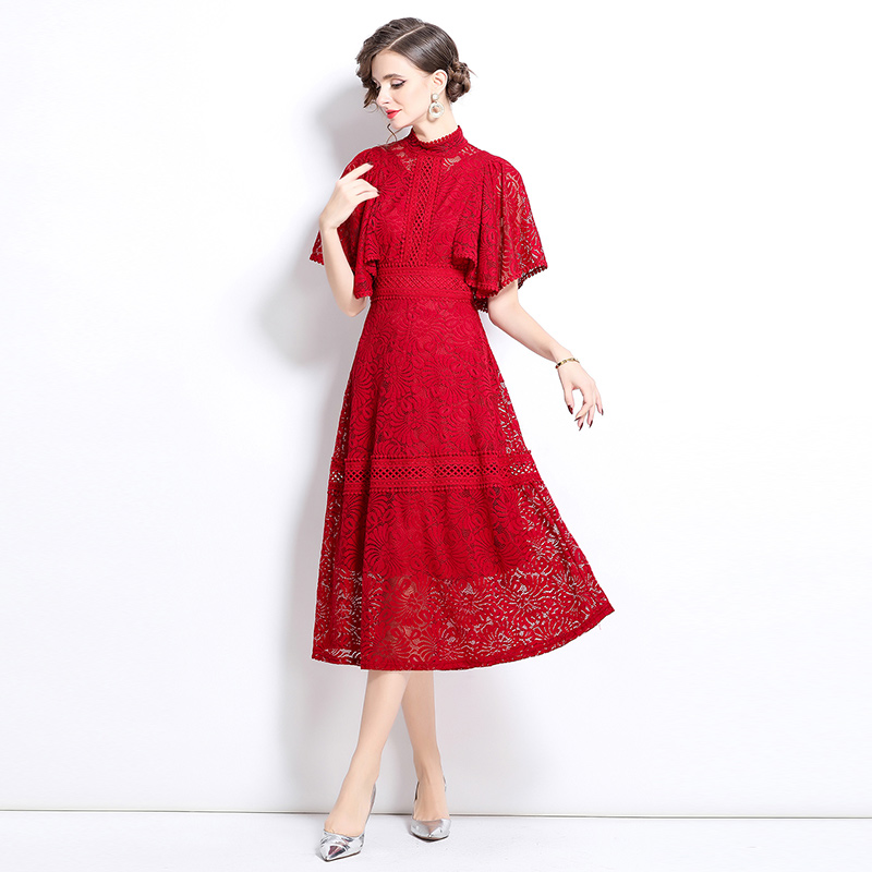 A-line puff sleeve long dress lace slim dress