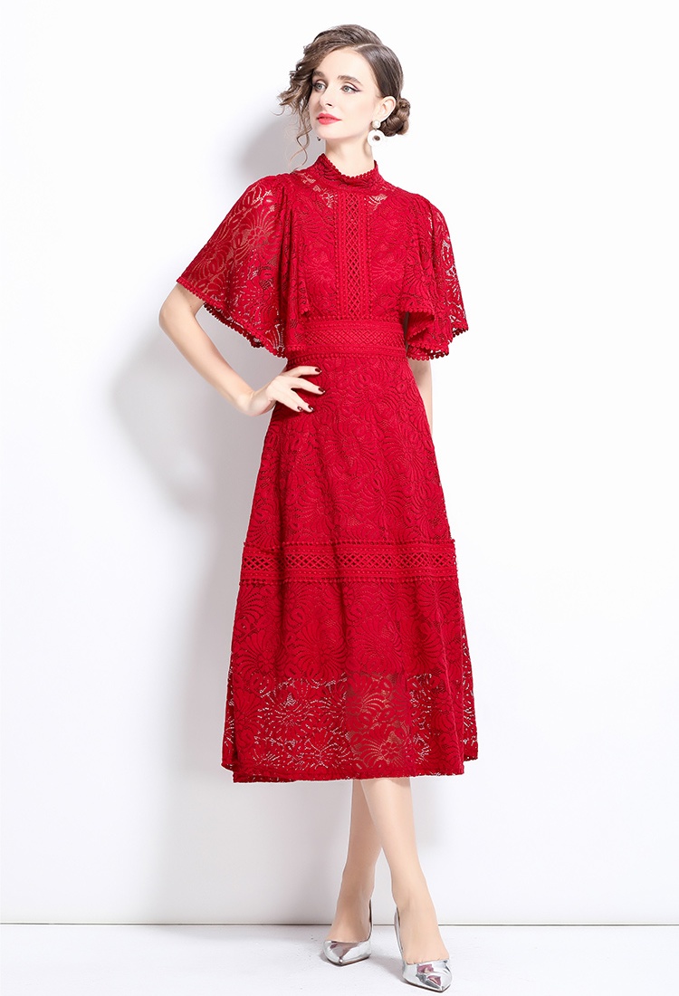 A-line puff sleeve long dress lace slim dress