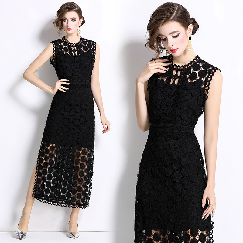 Slit France style decorous hollow banquet dress