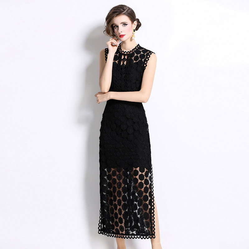 Slit France style decorous hollow banquet dress