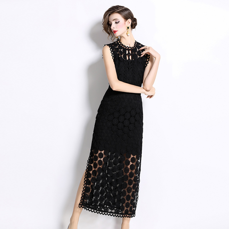 Slit France style decorous hollow banquet dress