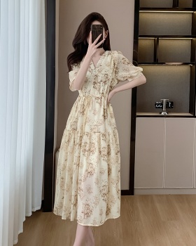 Long printing temperament floral V-neck puff sleeve dress