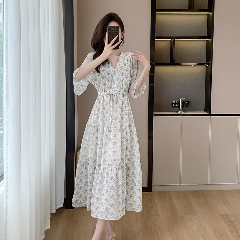 Tender trumpet sleeves chiffon floral dress for women