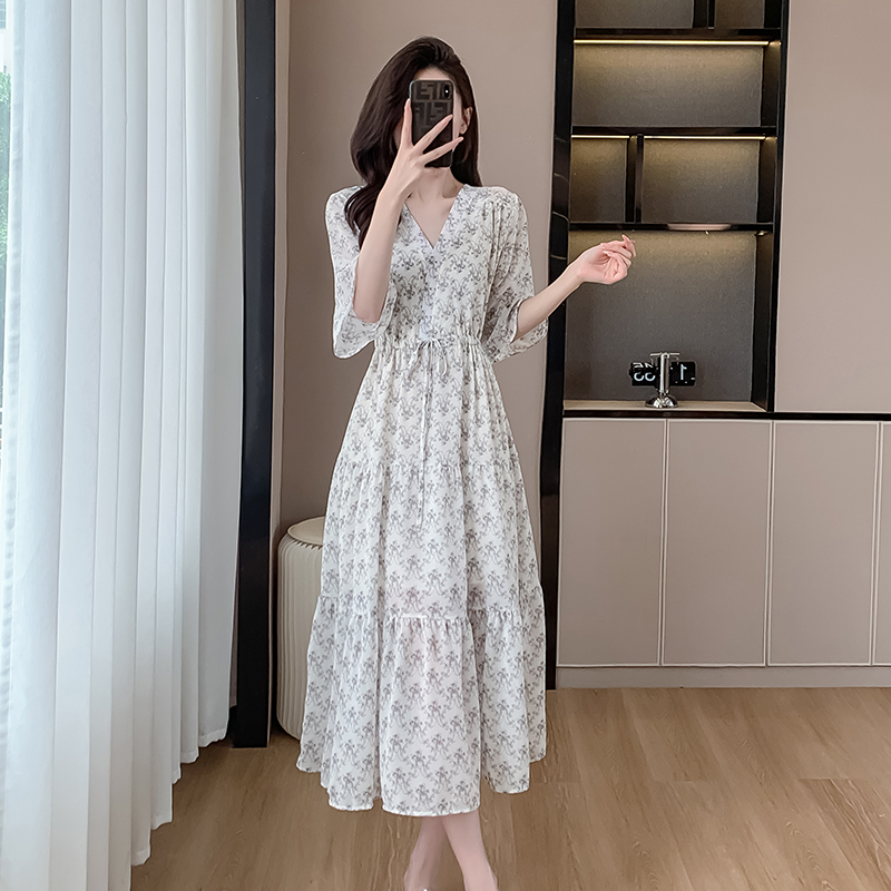 Tender trumpet sleeves chiffon floral dress for women