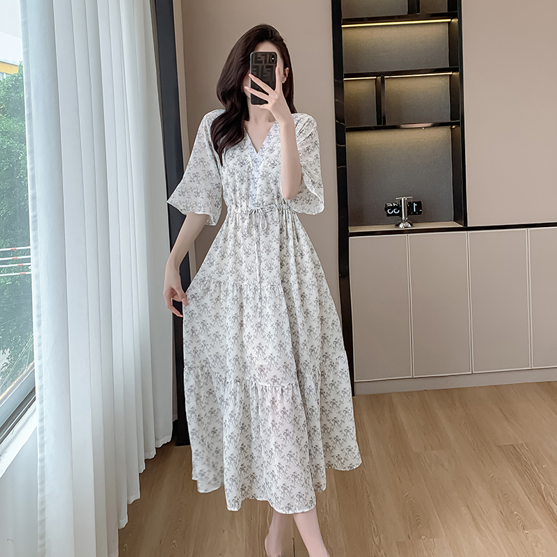 Tender trumpet sleeves chiffon floral dress for women