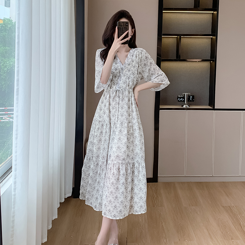 Tender trumpet sleeves chiffon floral dress for women