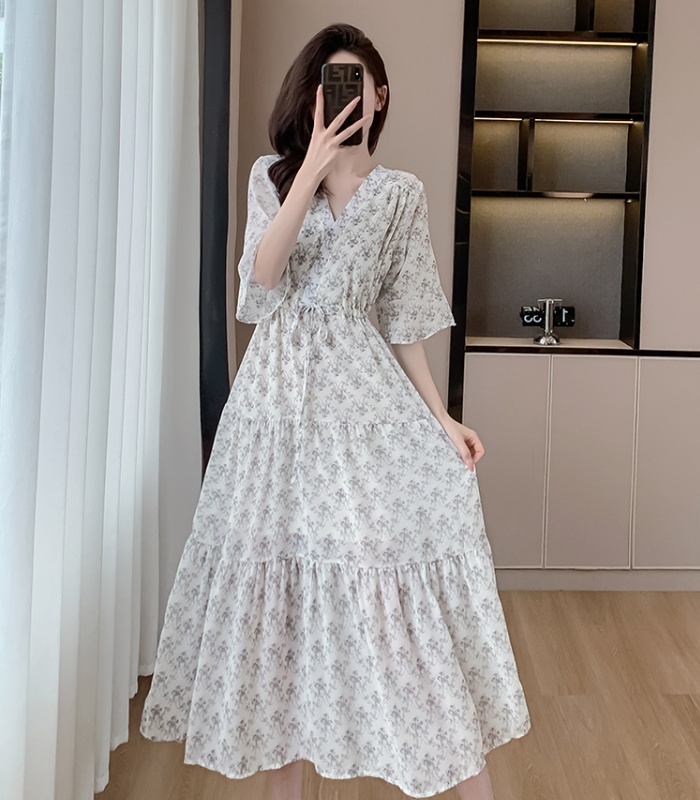 Tender trumpet sleeves chiffon floral dress for women