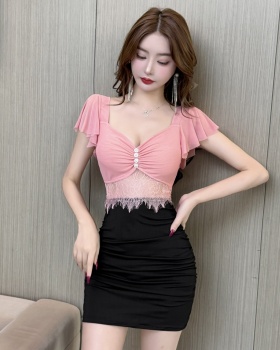 Lace package hip bottoming sexy mixed colors splice dress