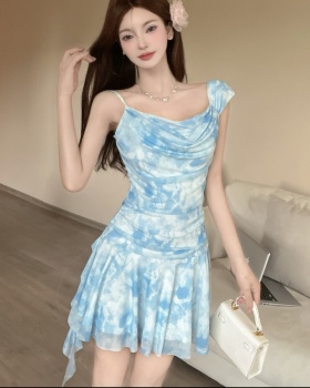 Halter sexy printing sling gauze lotus leaf edges dress