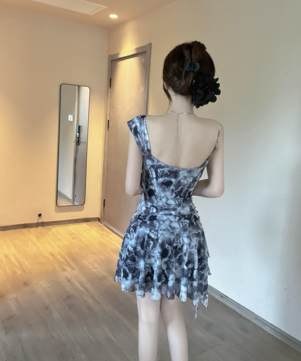 Halter sexy printing sling gauze lotus leaf edges dress