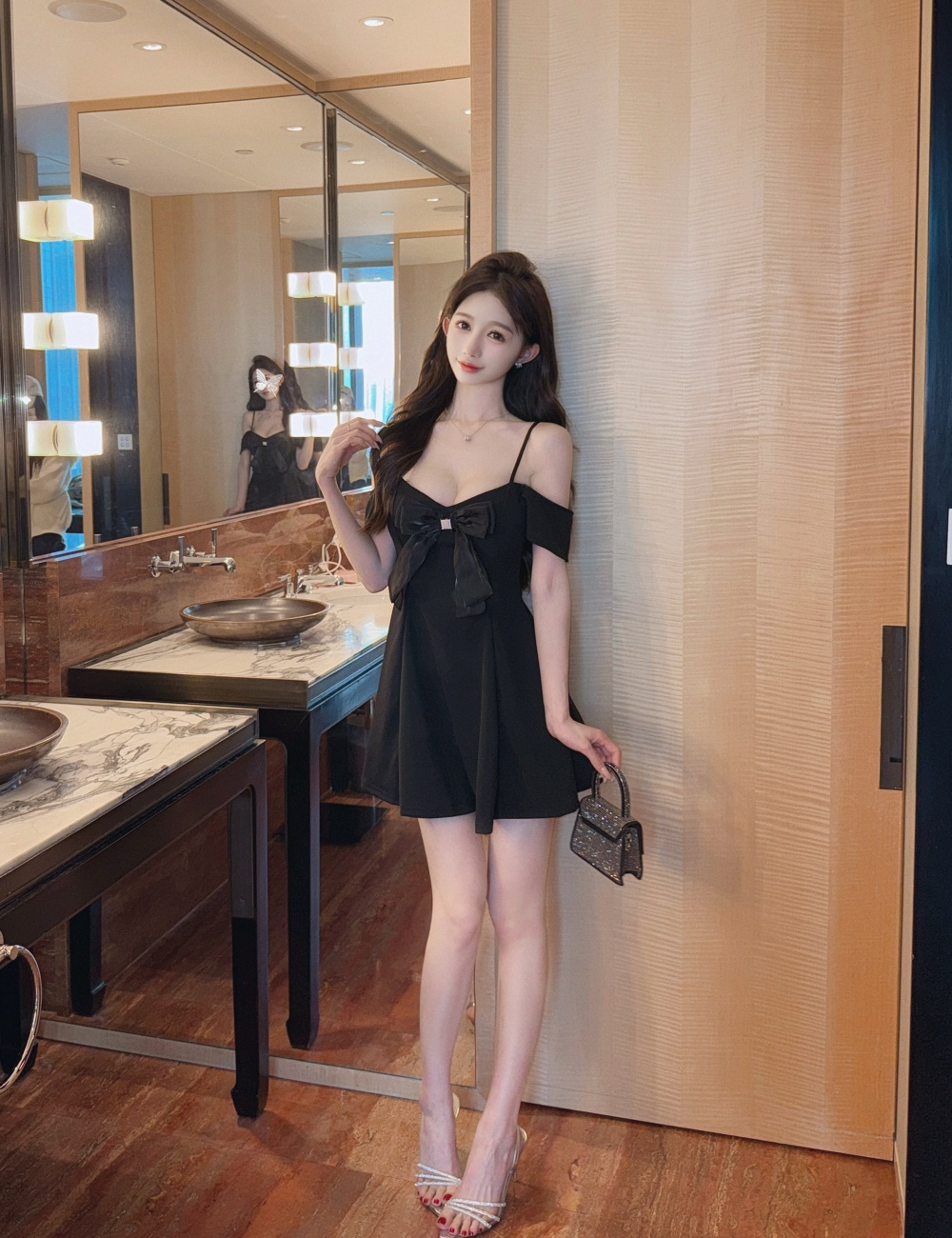 Sling sexy bow big skirt splice dress