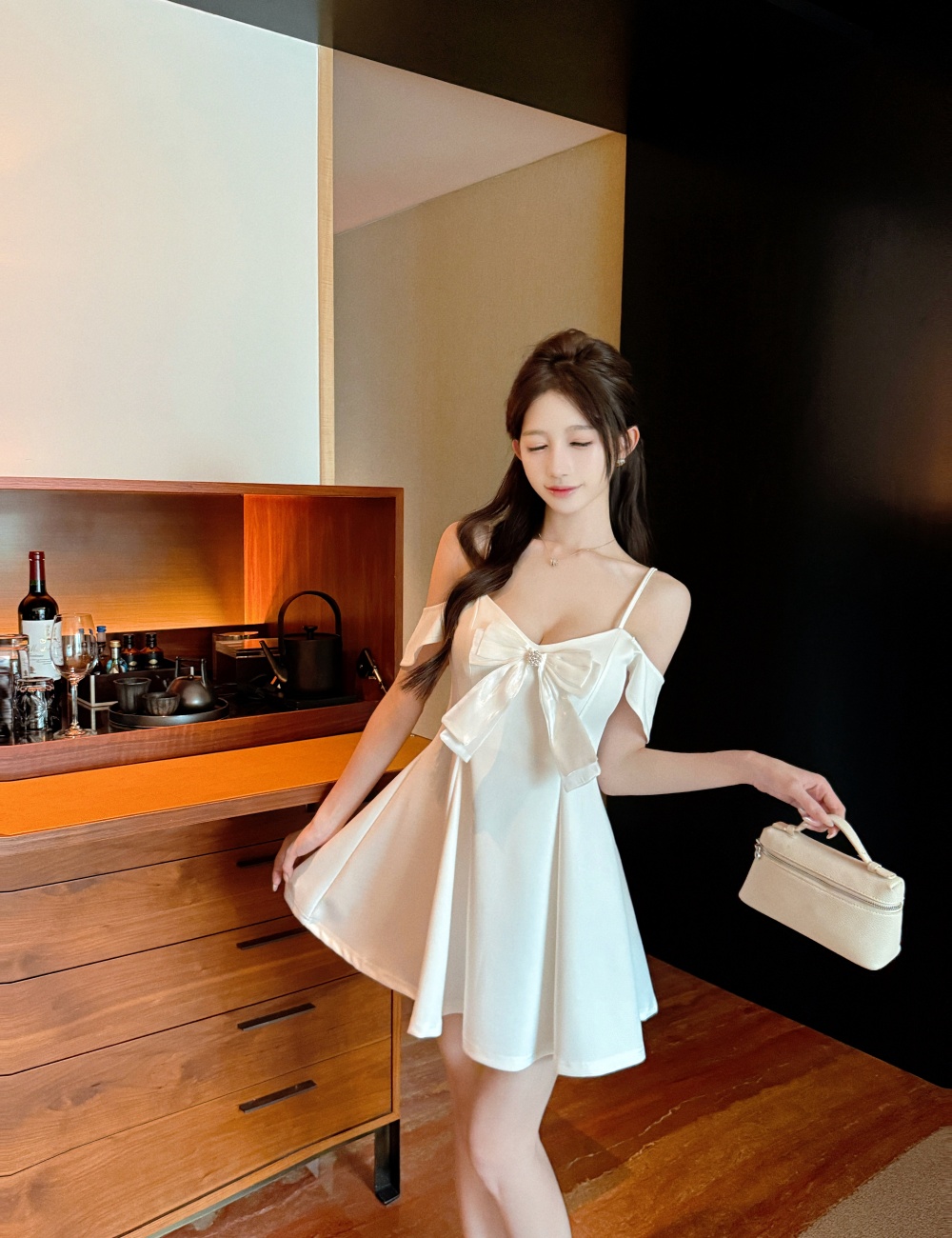 Sling sexy bow big skirt splice dress