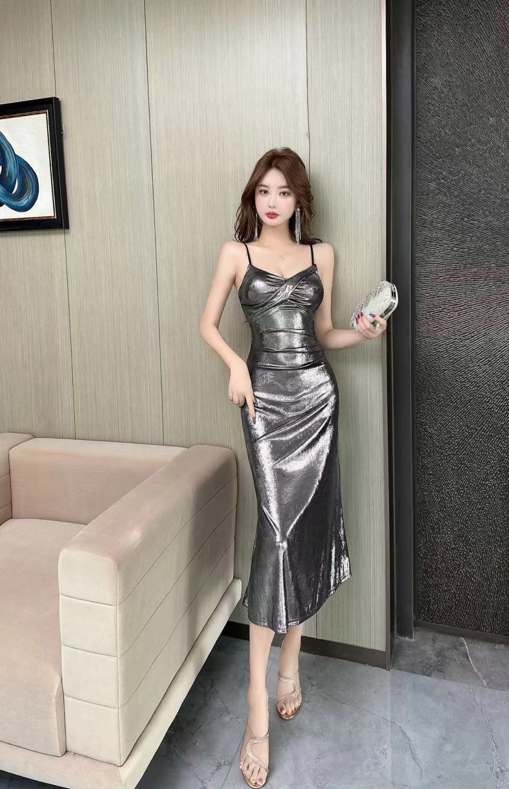 Sexy tight metal long sling dress