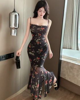 Long printing gauze sexy package hip sling dress