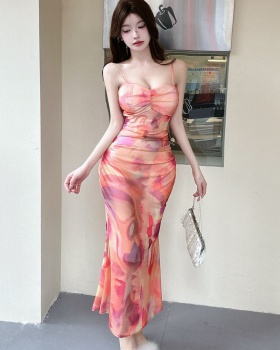 Bottoming long package hip sexy sling printing dress