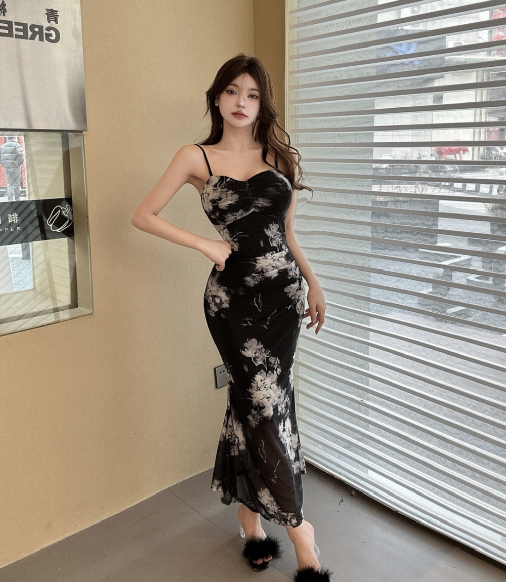 Bottoming long package hip sexy sling printing dress