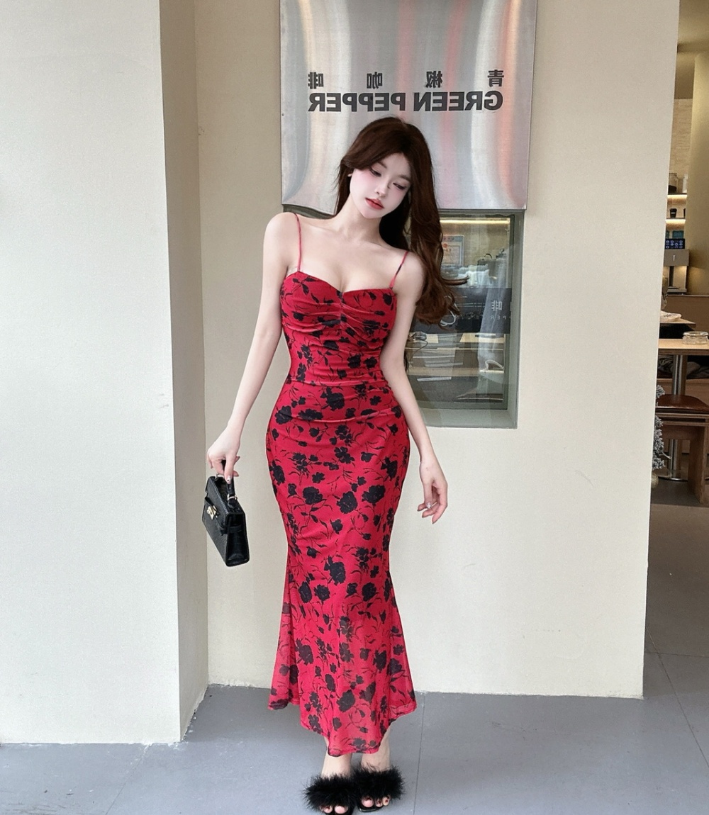 Bottoming long package hip sexy sling printing dress