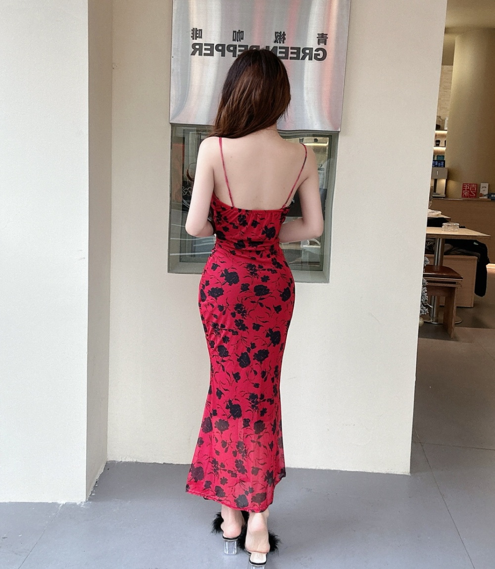 Bottoming long package hip sexy sling printing dress