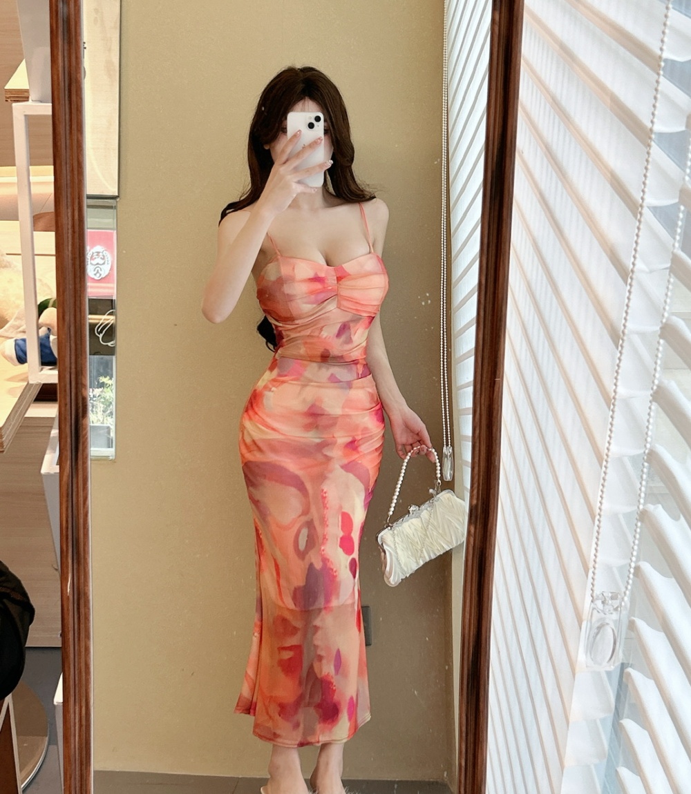 Bottoming long package hip sexy sling printing dress