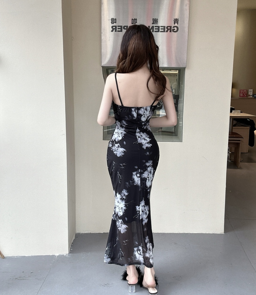 Bottoming long package hip sexy sling printing dress