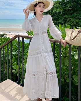 Summer lady embroidery dress white travel beach dress