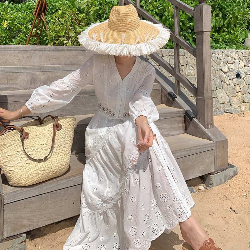 Summer lady embroidery dress white travel beach dress