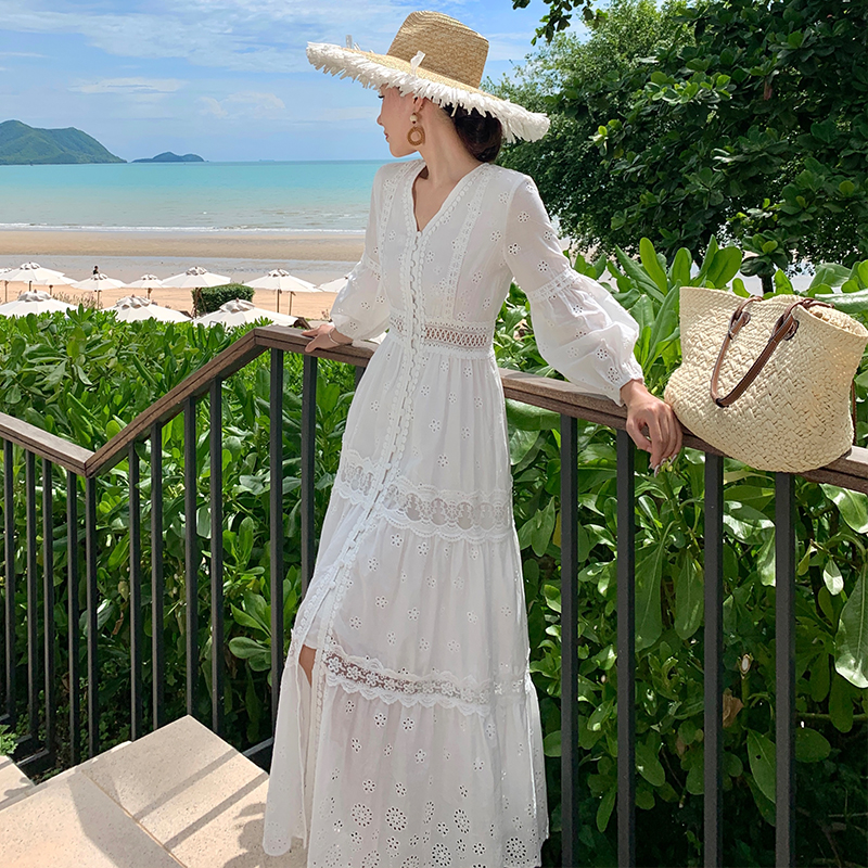 Summer lady embroidery dress white travel beach dress