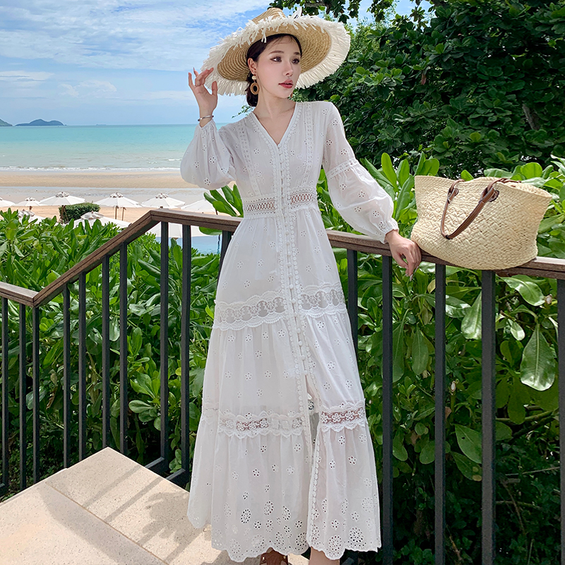 Summer lady embroidery dress white travel beach dress