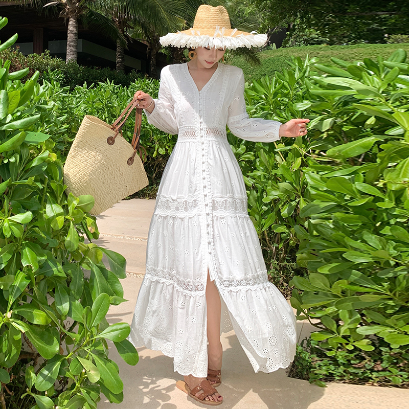 Summer lady embroidery dress white travel beach dress