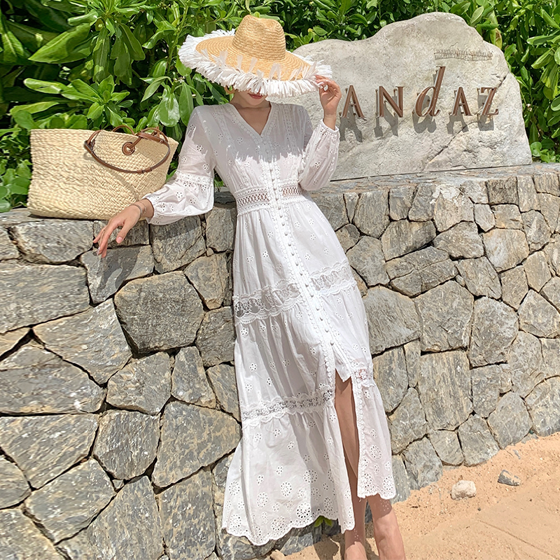 Summer lady embroidery dress white travel beach dress