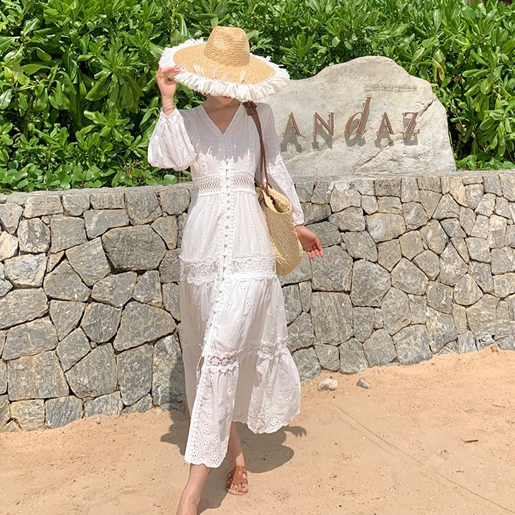 Summer lady embroidery dress white travel beach dress