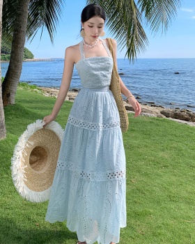 Sling flowers long skirt high waist halter dress a set