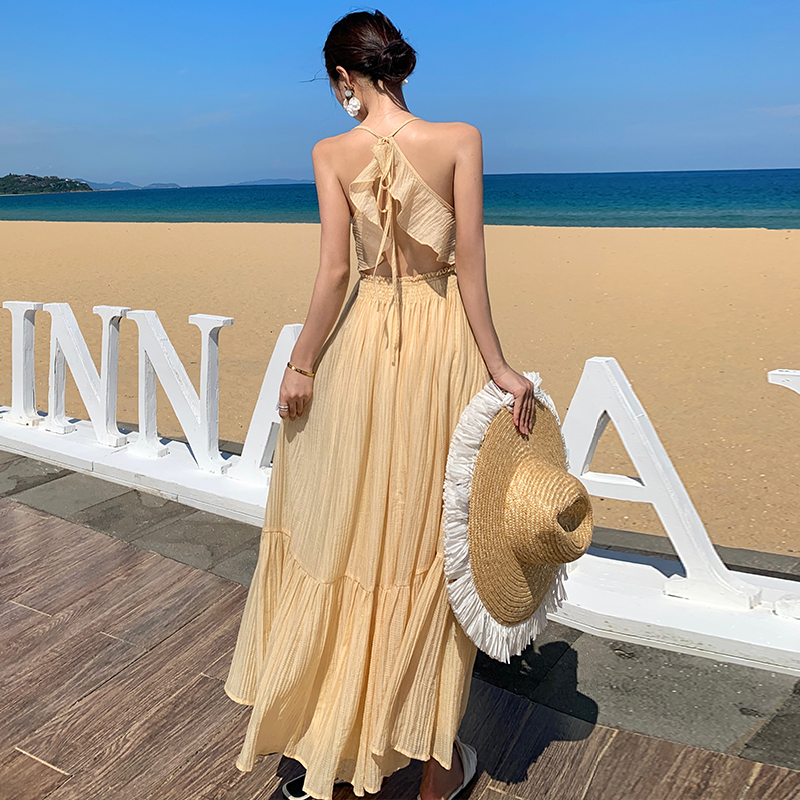 Seaside lady halter long dress beautiful vacation dress