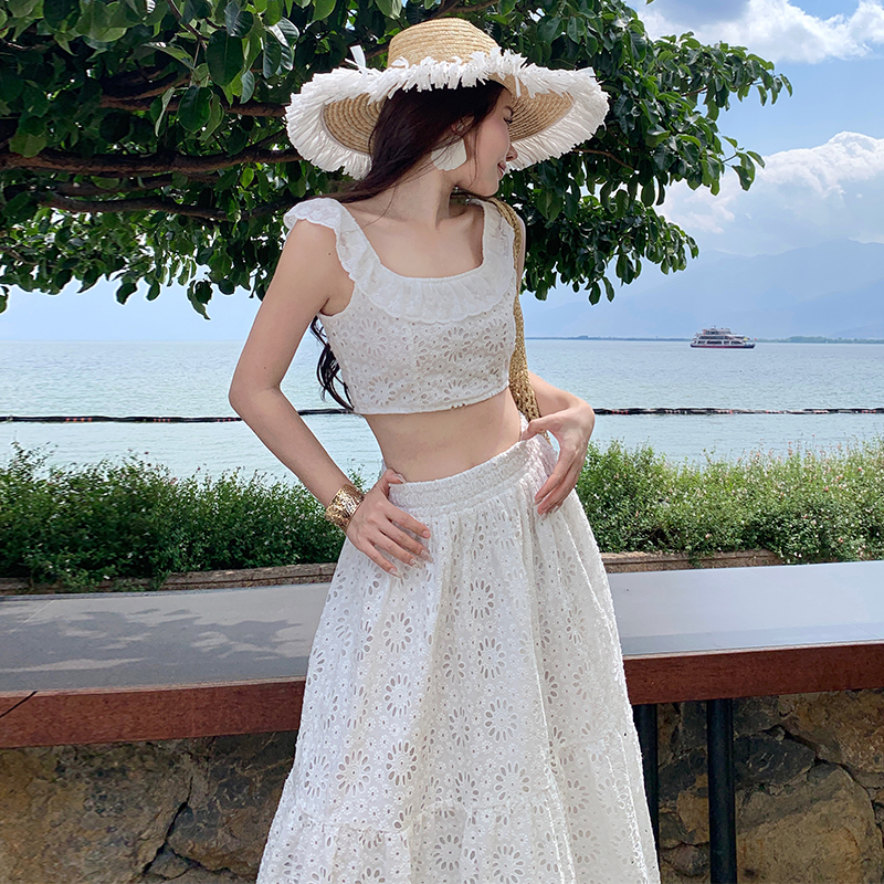 White lace skirt temperament France style tops 2pcs set