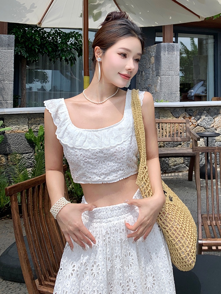 White lace skirt temperament France style tops 2pcs set