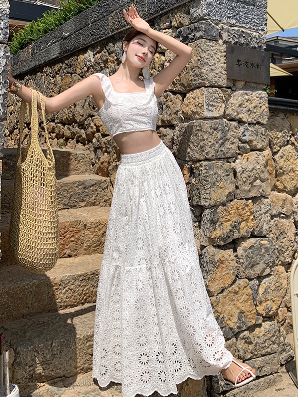 White lace skirt temperament France style tops 2pcs set