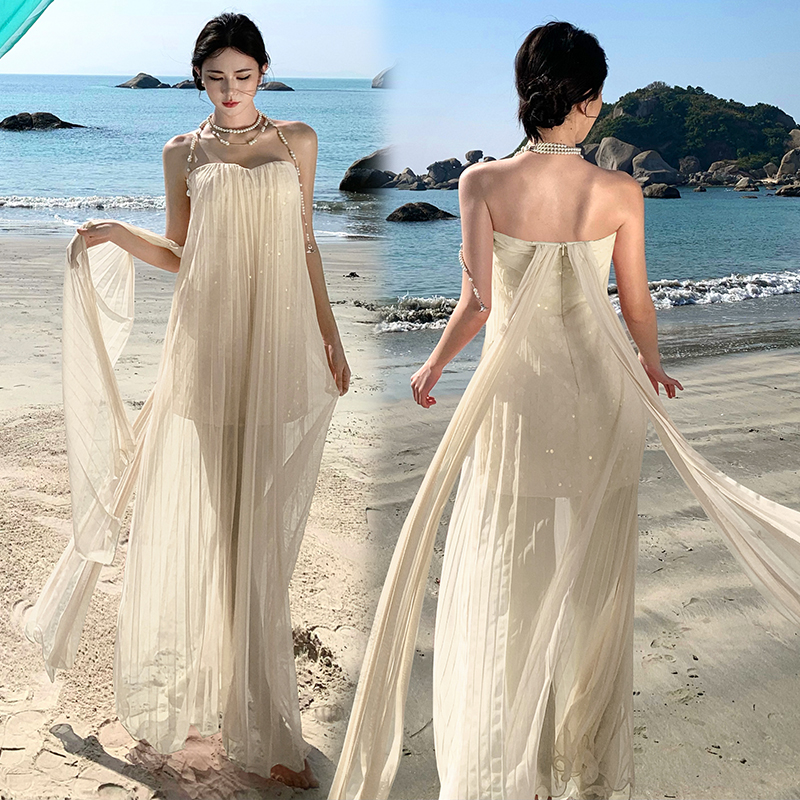 Spring vacation long dress wrapped chest dress