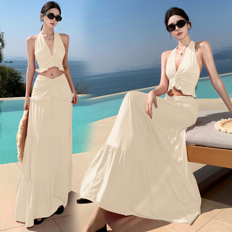 Bandage tops halter long skirt 2pcs set