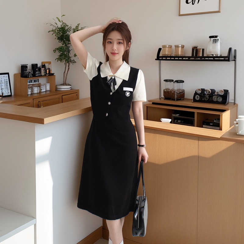 Short sleeve Pseudo-two slim knitted summer sweet dress