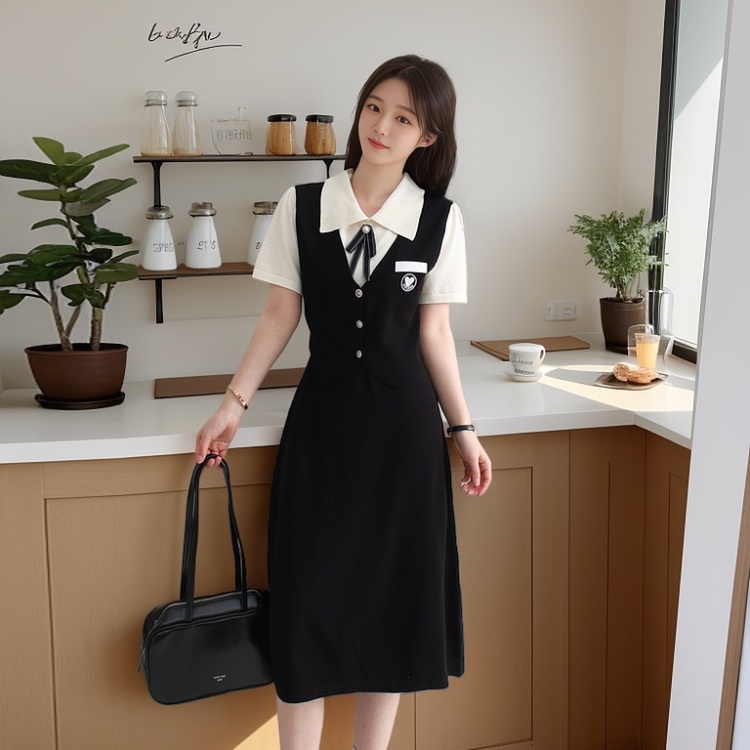 Short sleeve Pseudo-two slim knitted summer sweet dress