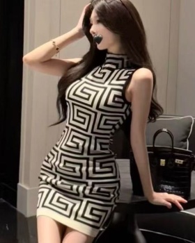 Bottoming slim knitted T-back printing sleeveless dress