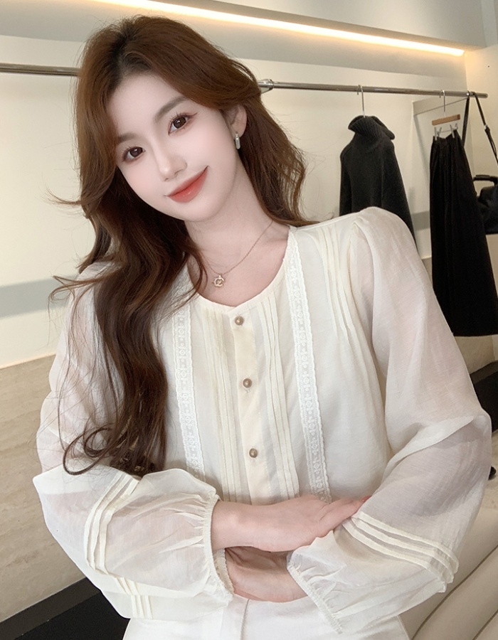 Spring round neck Korean style small shirt all-match splice shirt