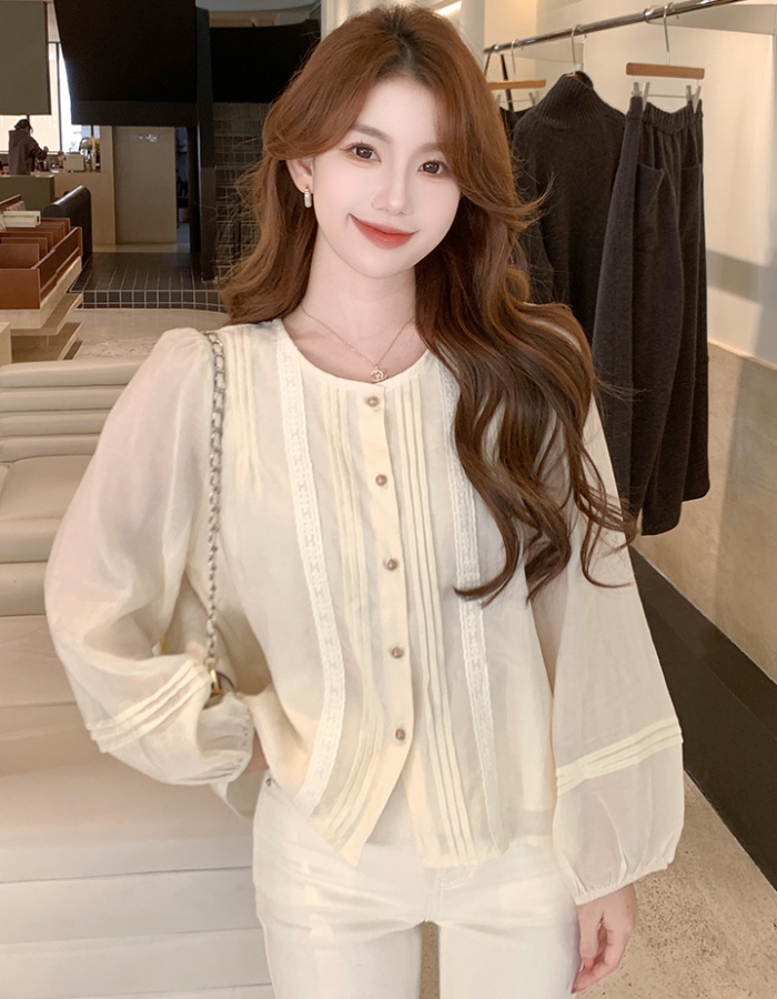 Spring round neck Korean style small shirt all-match splice shirt