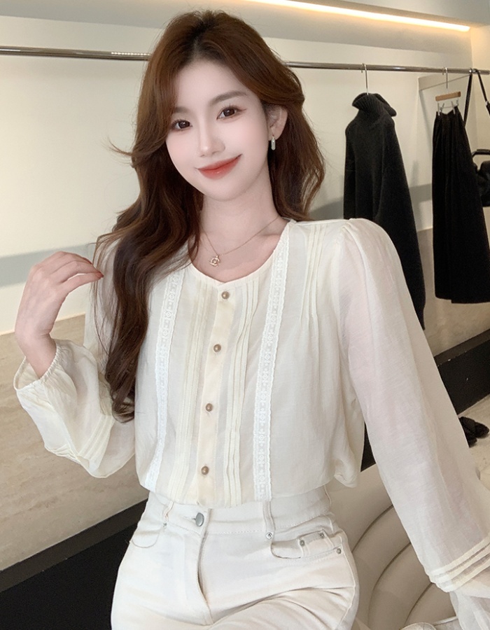 Spring round neck Korean style small shirt all-match splice shirt