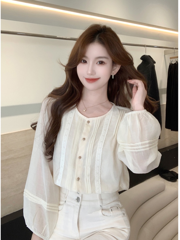 Spring round neck Korean style small shirt all-match splice shirt