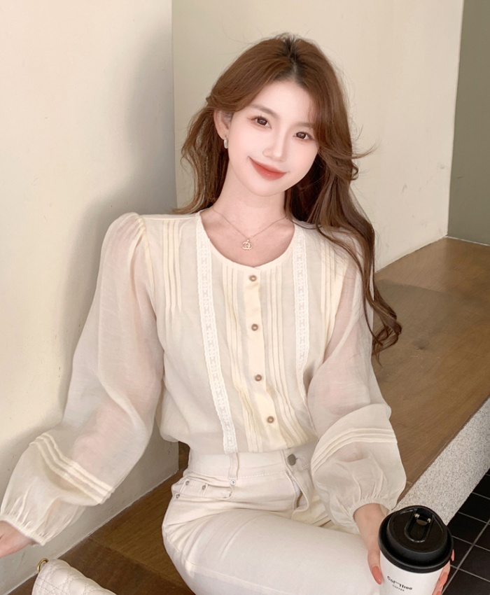 Spring round neck Korean style small shirt all-match splice shirt